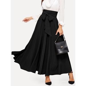 High Waist Zip Back Knotted Swing maxi Skirt black
